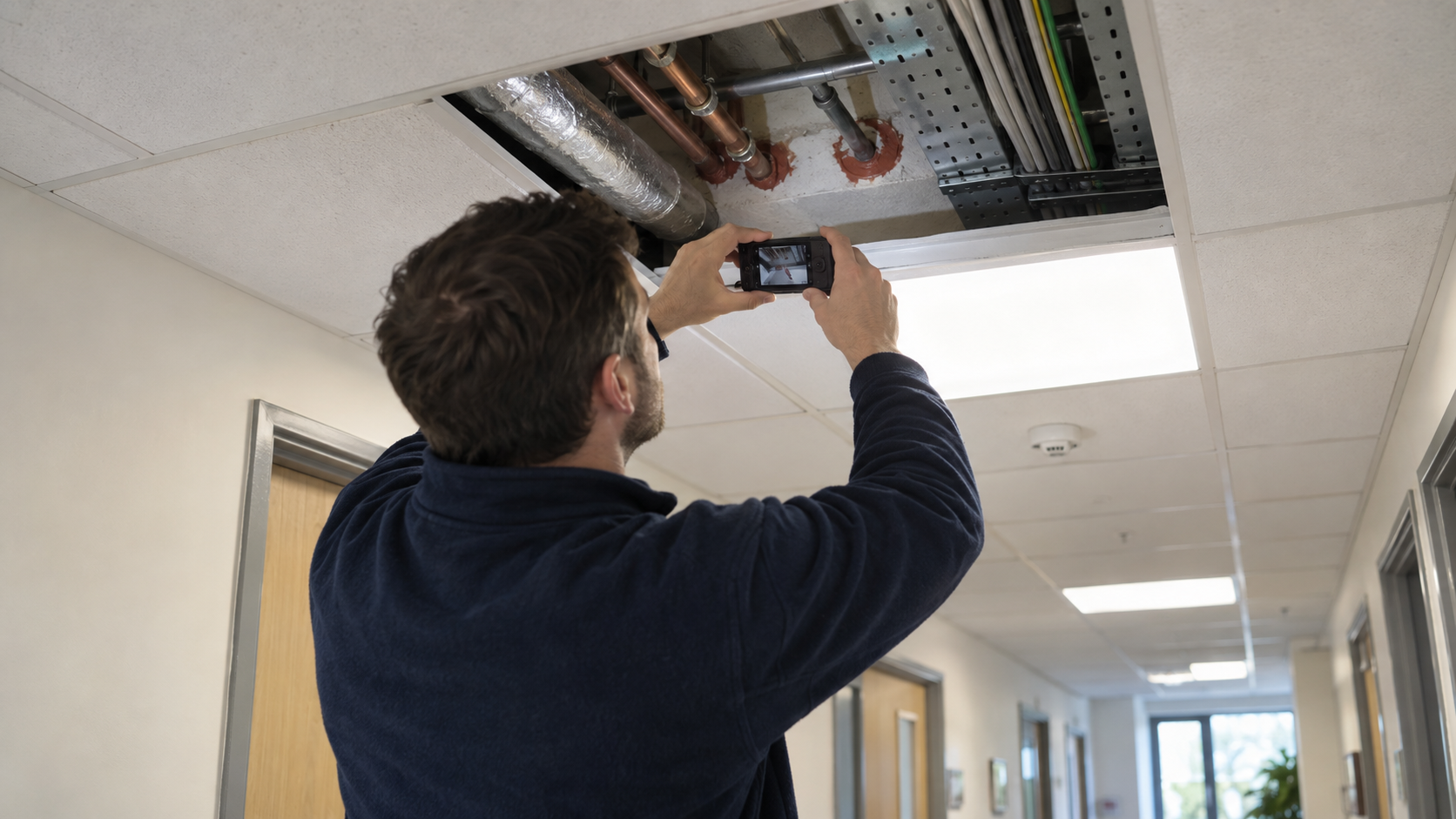 Service penetrations being photographed above a suspended ceiling