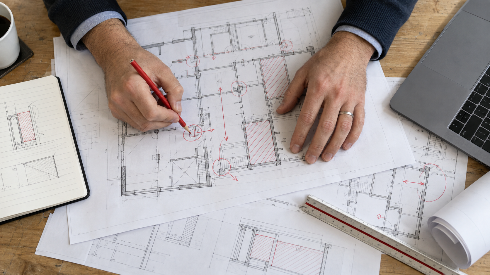 Building plans being reviewed and marked up for fire safety work